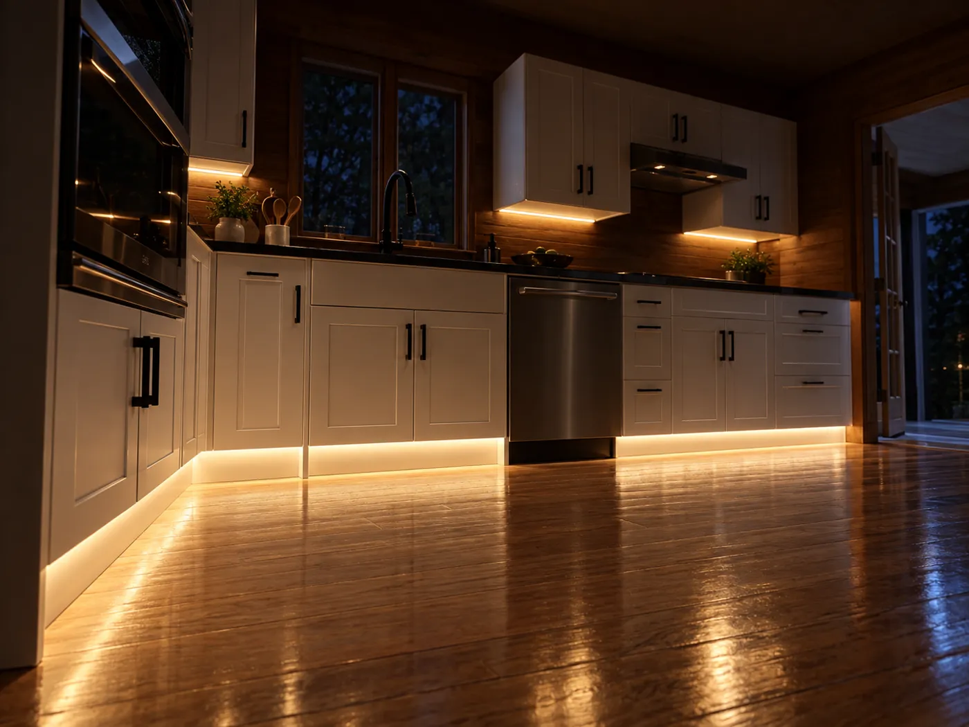 Illustration of a kitchen at night with warm under-cabinet and toe-kick LED lighting